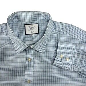 Charles Tyrwhitt Shirt Mens 19 / 37 Blue Check Button Down Classic Fit Non Iron